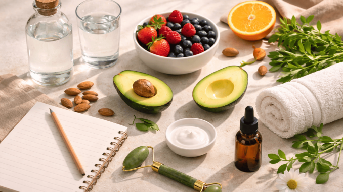 Healthy daily skincare habits shown through water, fresh fruits, natural ingredients, and simple self-care essentials