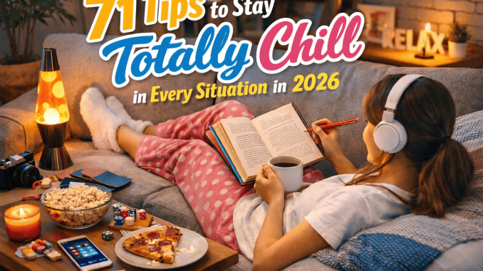 A person lounging on a gray sofa in pink polka-dot pajamas, reading a book and holding a mug, surrounded by snacks, a lava lamp, and a candle. Headphones on, relaxed and cozy atmosphere. Text overlay: '71 Tips to Stay Totally Chill in Every Situation in 2026