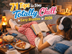A person lounging on a gray sofa in pink polka-dot pajamas, reading a book and holding a mug, surrounded by snacks, a lava lamp, and a candle. Headphones on, relaxed and cozy atmosphere. Text overlay: '71 Tips to Stay Totally Chill in Every Situation in 2026
