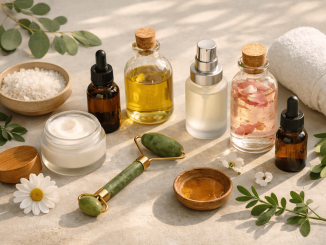 Simple skincare routine essentials including cleanser, moisturizer, serum, and jade roller on a natural background