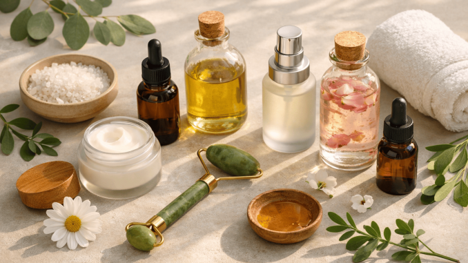 Simple skincare routine essentials including cleanser, moisturizer, serum, and jade roller on a natural background